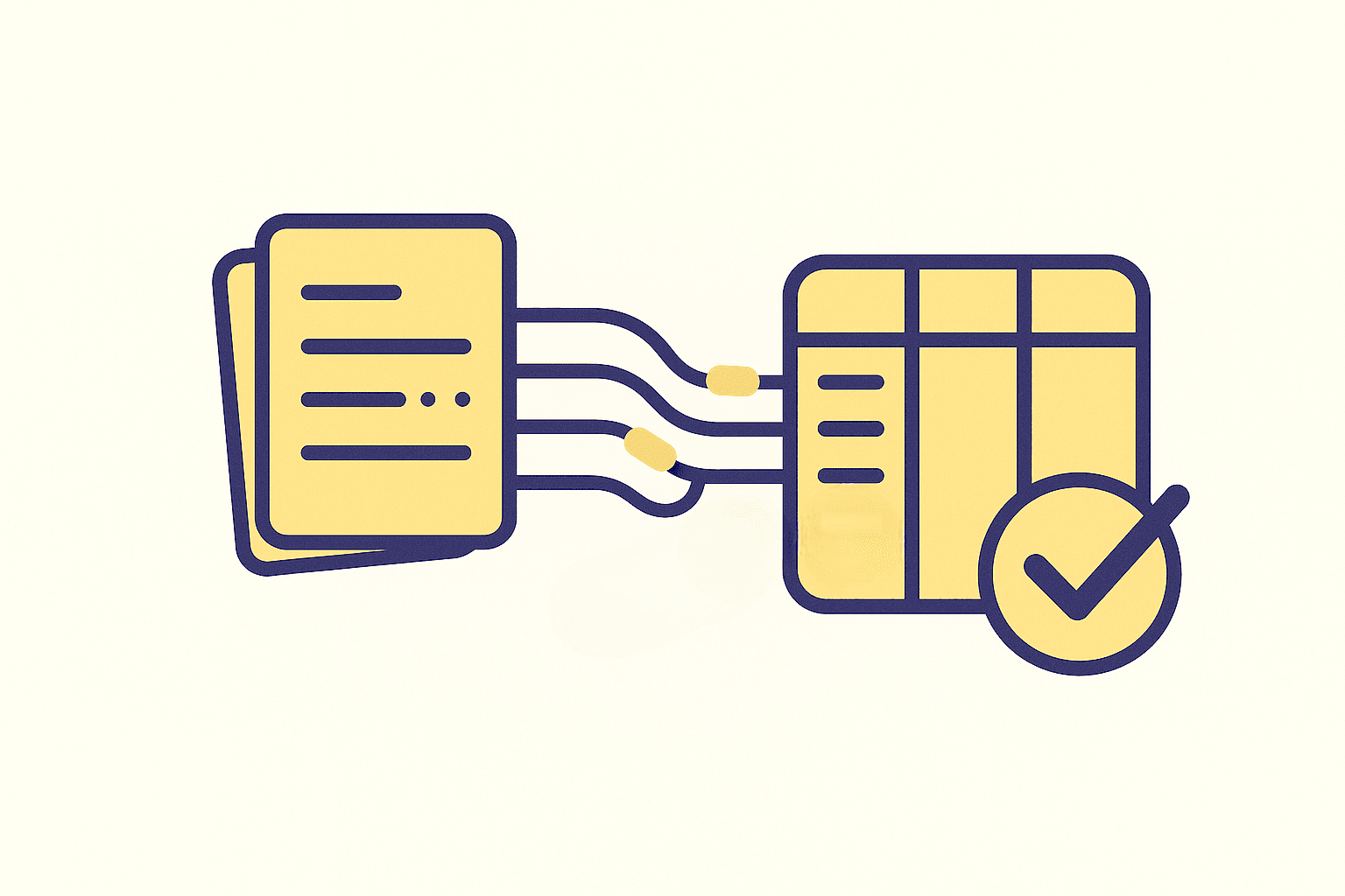 Flow of bills connecting into a ledger table with a validation checkmark.